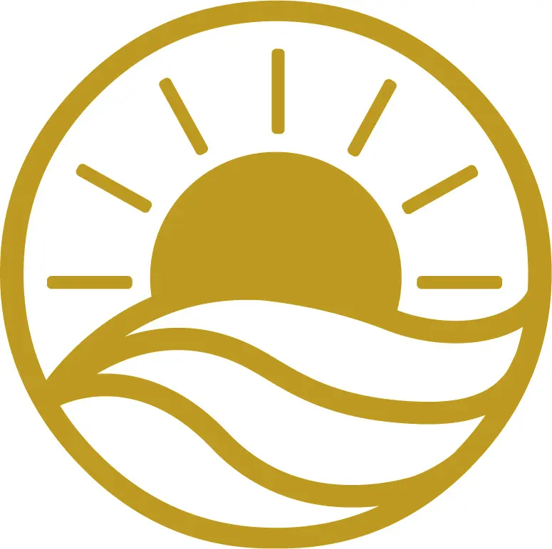 Golden sun rising over stylized ocean waves
