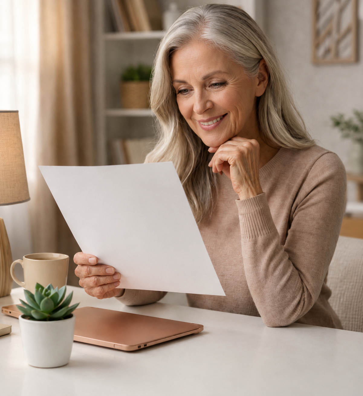 Smiling mature woman reading a letter at home