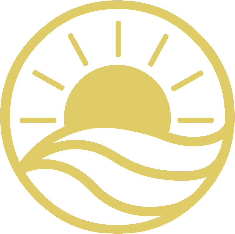 Gold sun rising over stylized waves logo