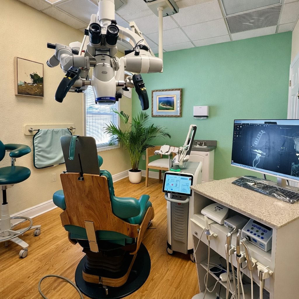 Dental operatory with chair and microscope