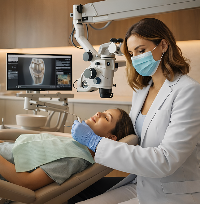 Dentist using dental microscope on patient