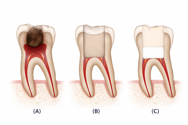 Three-stage root canal treatment illustration